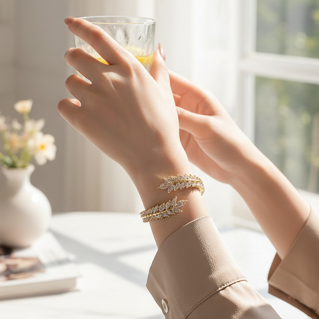 Crystal wheat ear bangle bracelet, silver finish