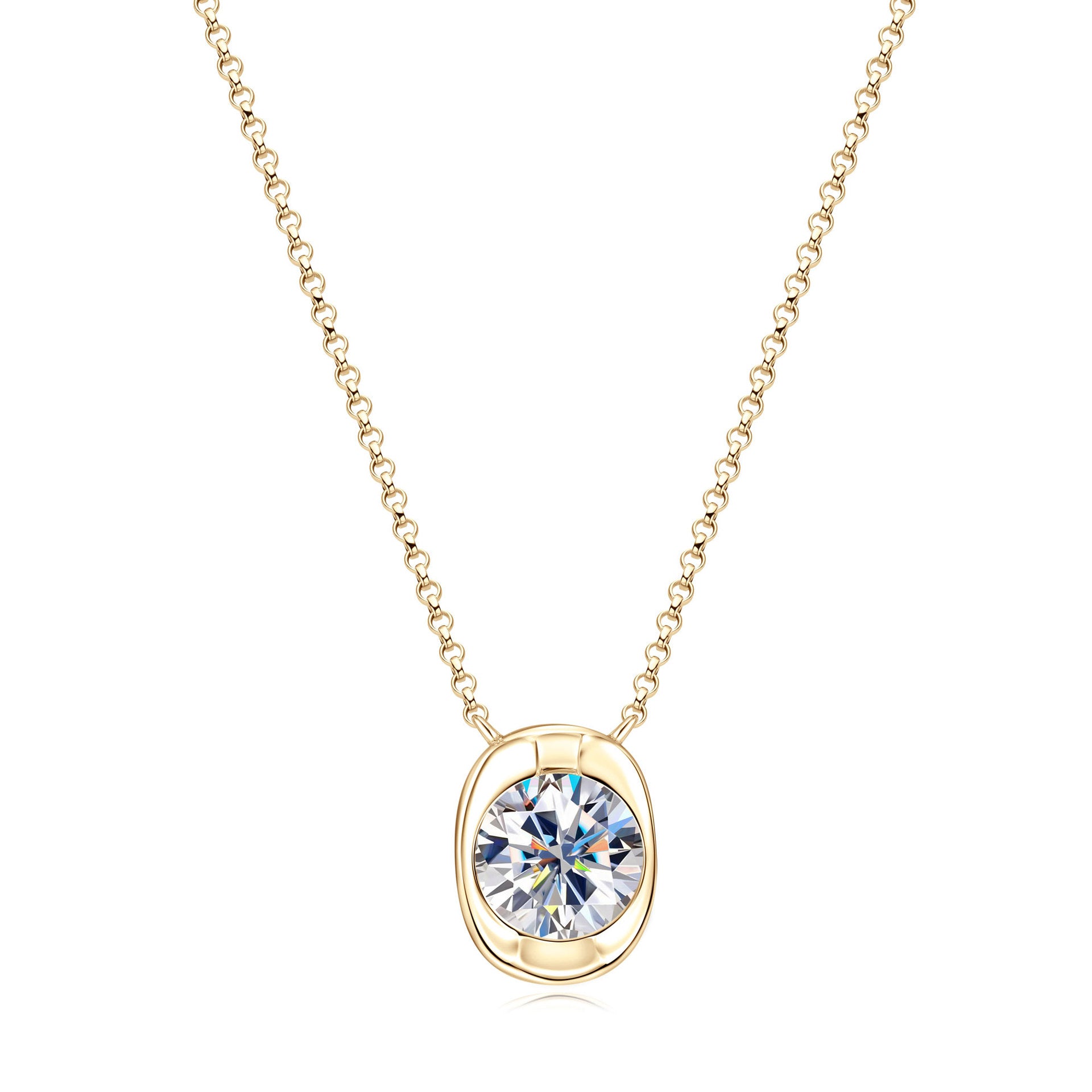 Gold necklace with a round diamond pendant on a white background