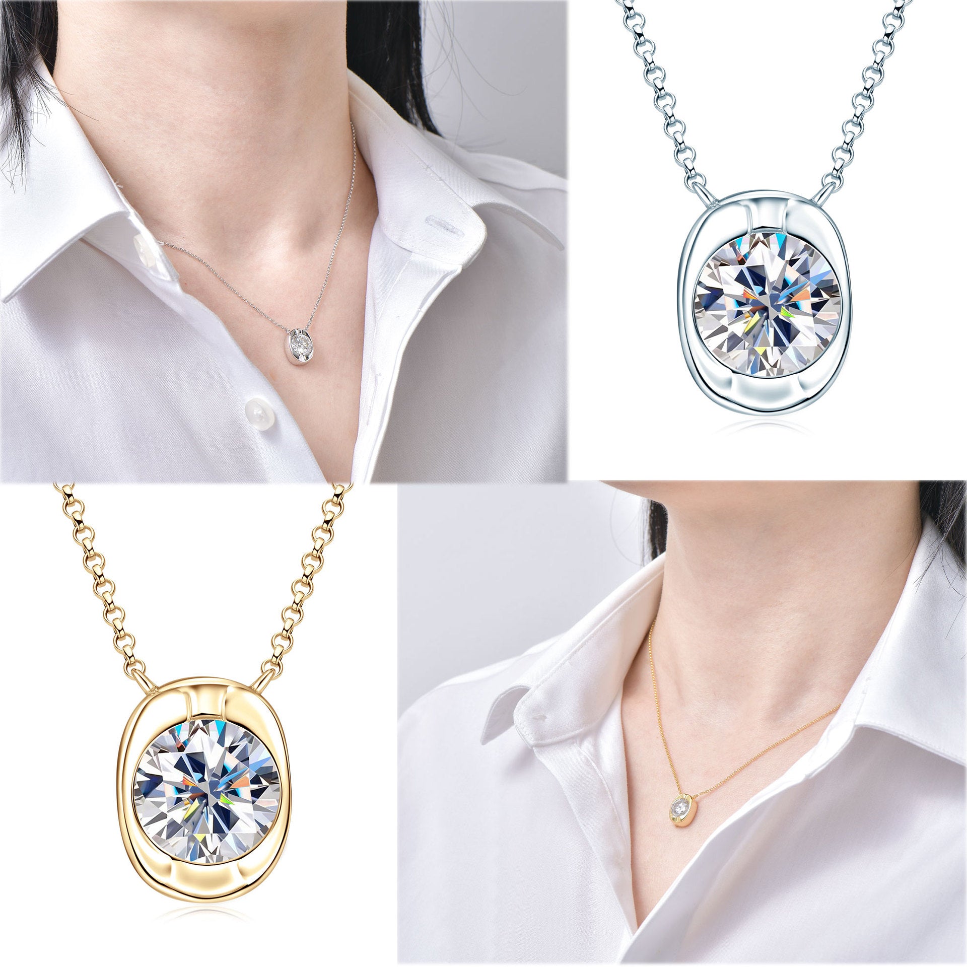 Collage of a diamond necklace on a white shirt with close-up details.