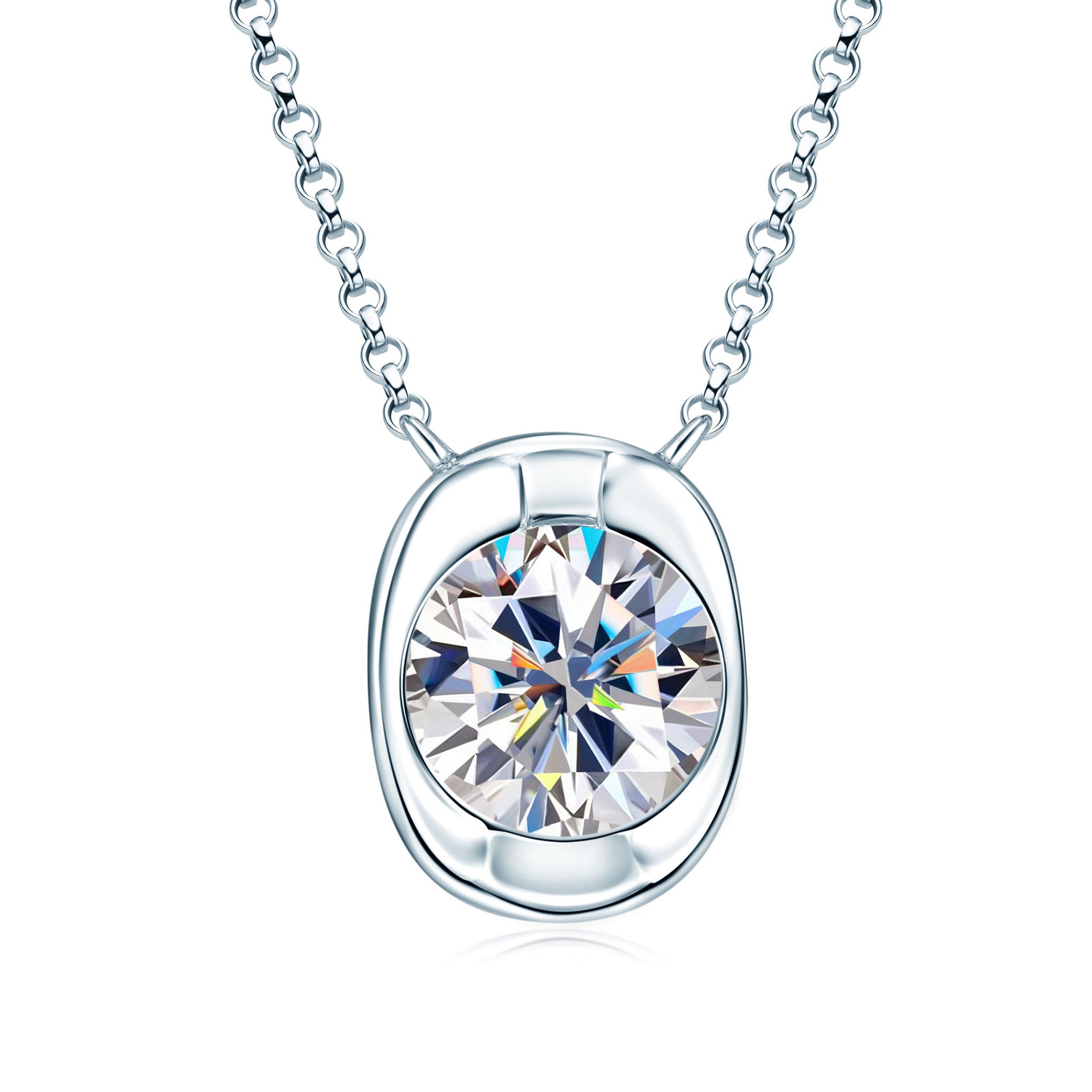 Silver necklace with a round diamond pendant on a white background