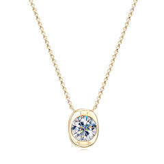 Gold necklace with a round diamond pendant on a white background