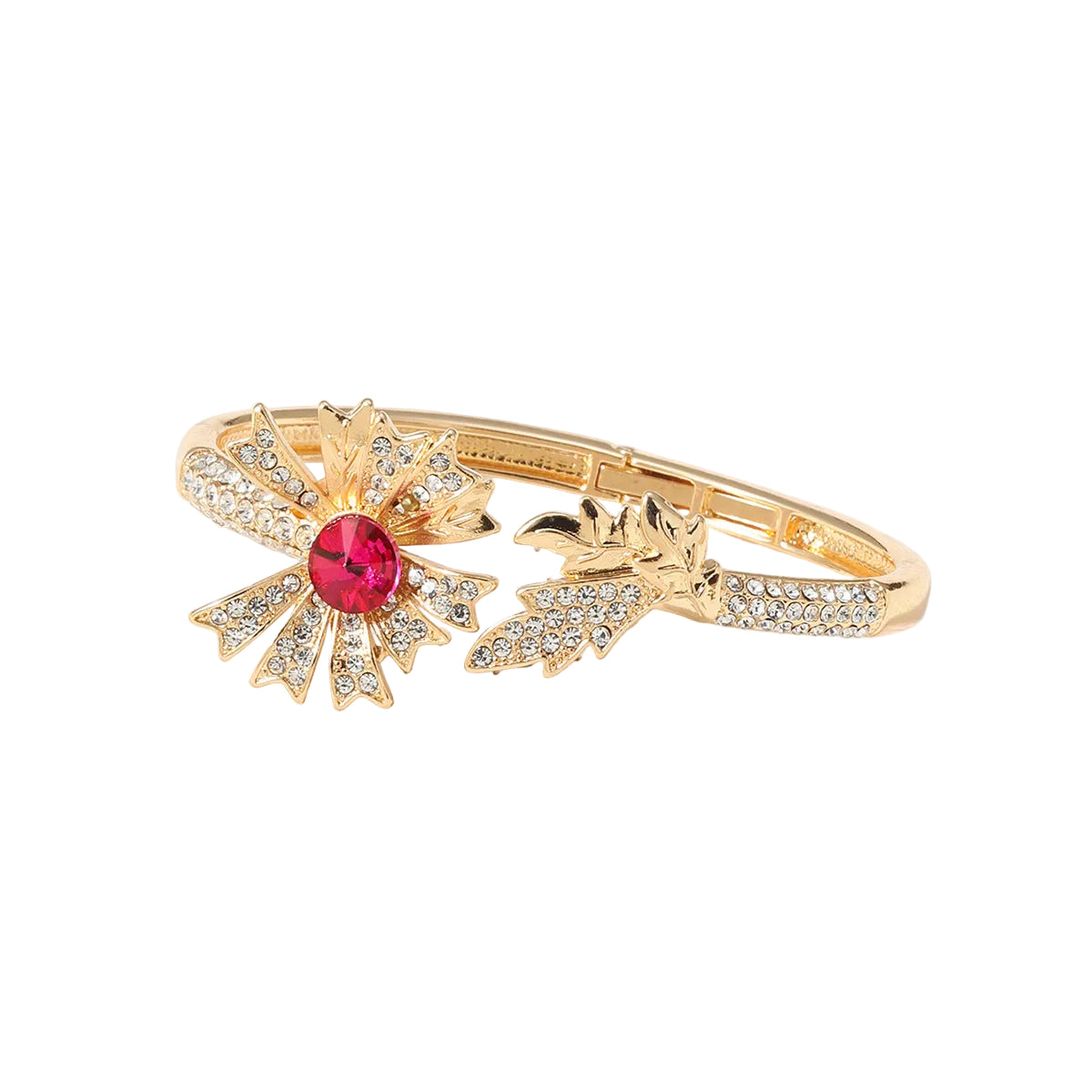 Rose rhinestone open cuff bracelet, gold tone