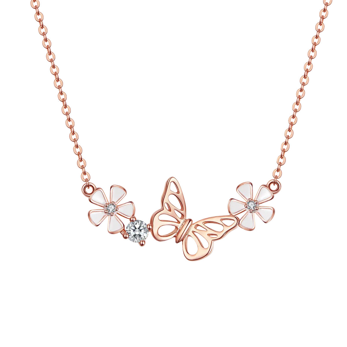 Rose gold butterfly and flower necklace on a light gray background