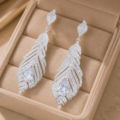 Pair of silver feather earrings on jewelry box