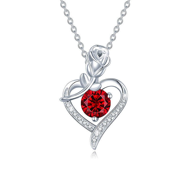 Silver necklace with a red gemstone heart pendant on a white background Heart Rose Moissanite Pendant Necklace S925 Sterling Silver aru collection 1