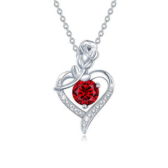Silver necklace with a red gemstone heart pendant on a white background Heart Rose Moissanite Pendant Necklace S925 Sterling Silver aru collection 1