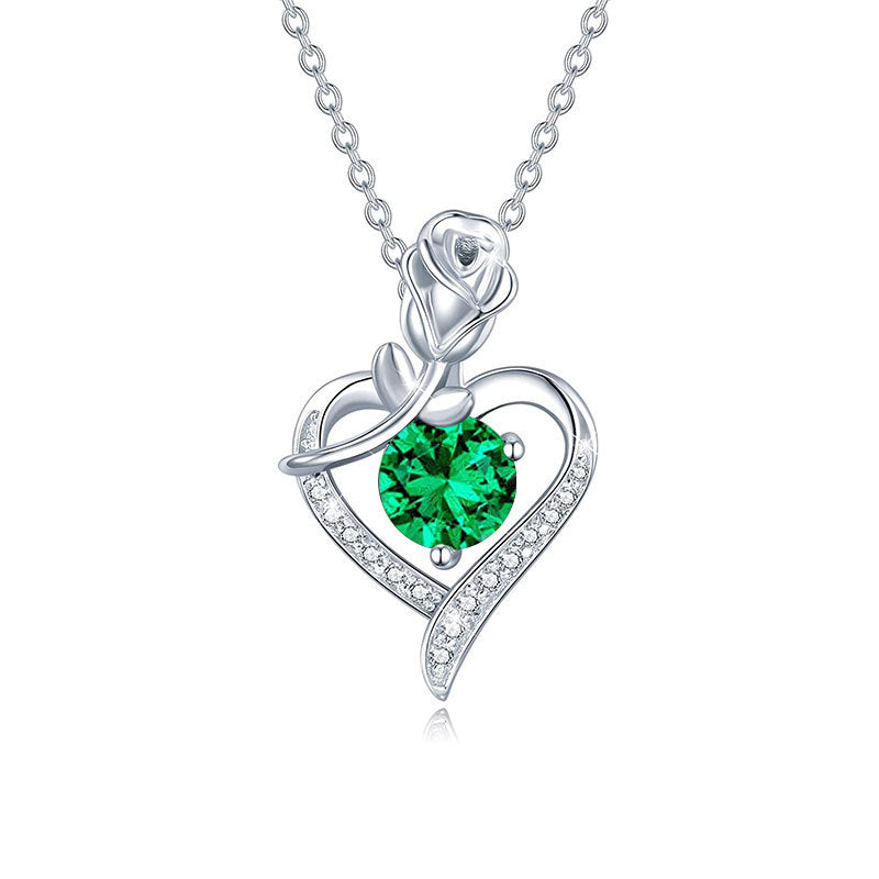 Silver necklace with a heart-shaped pendant featuring a green gemstone on a white background Heart Rose Moissanite Pendant Necklace S925 Sterling Silver aru collection