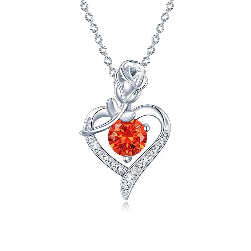 Silver necklace with a heart-shaped pendant featuring a red gemstone on a white background Heart Rose Moissanite Pendant Necklace S925 Sterling Silver aru collection