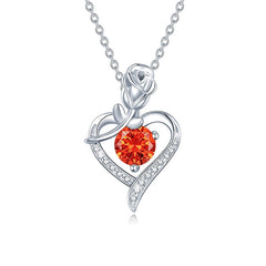 Silver necklace with a heart-shaped pendant featuring a red gemstone on a white background Heart Rose Moissanite Pendant Necklace S925 Sterling Silver aru collection