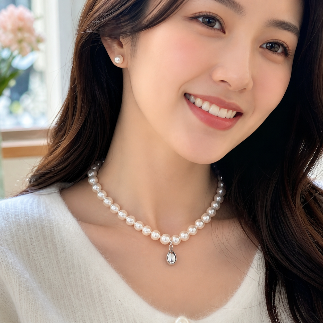 Pearl necklace styled with white flowers