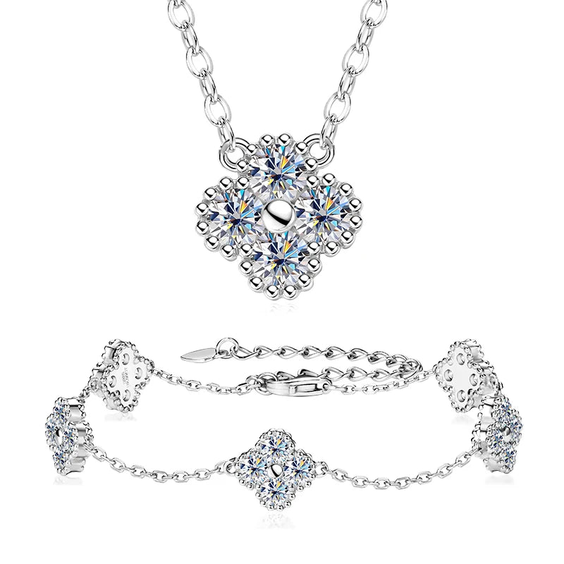 Four-leaf clover moissanite jewelry set, white gold plating