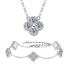 Four-leaf clover moissanite jewelry set, white gold plating
