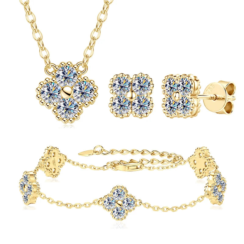 Four-leaf clover moissanite jewelry set in 18K gold plating
