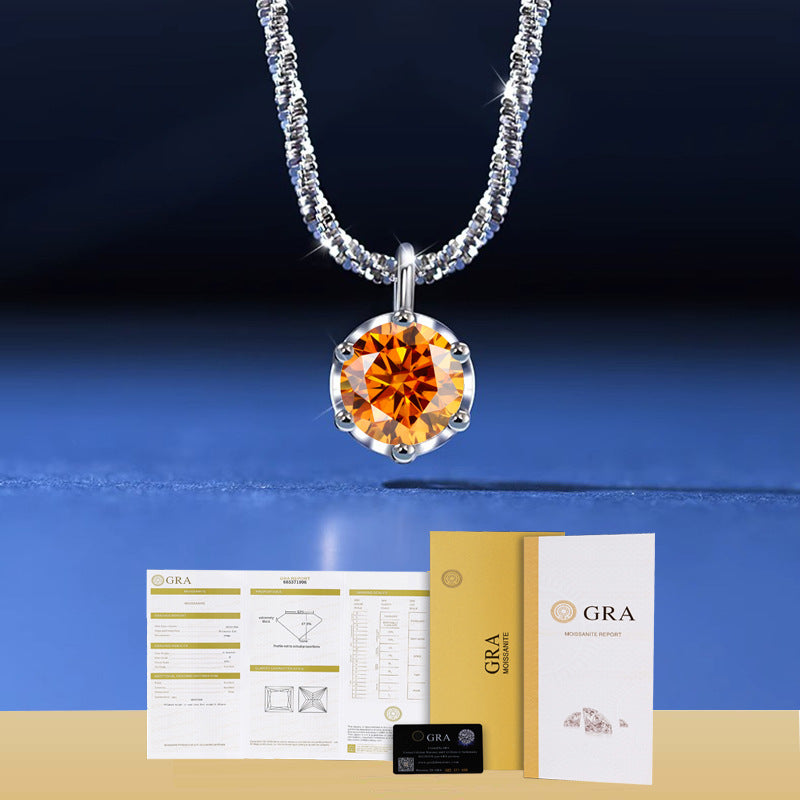 Orange moissanite pendant necklace with GRA documentation