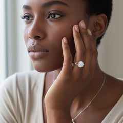 Moissanite solitaire ring close-up, 4-prong setting
