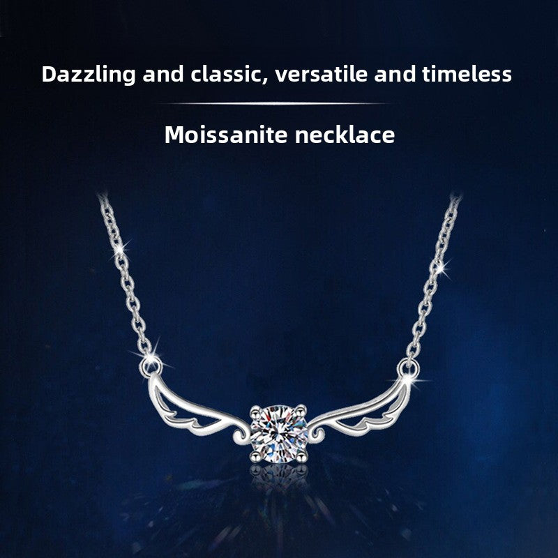 Silver moissanite necklace on a dark background with text describing its qualities. angel wing design Silver necklace Aru collection 1