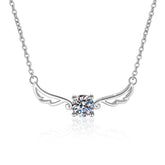 Silver necklace with angel wing design and central gemstone on a white background angel wing design Silver necklace Aru collection