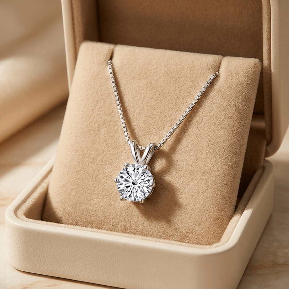 Moissanite necklace detail, sterling silver chain