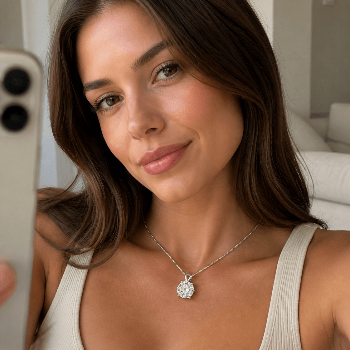 D color moissanite pendant necklace worn on neck