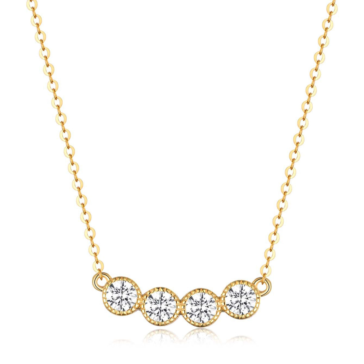 Gold necklace with four round diamonds on a white background