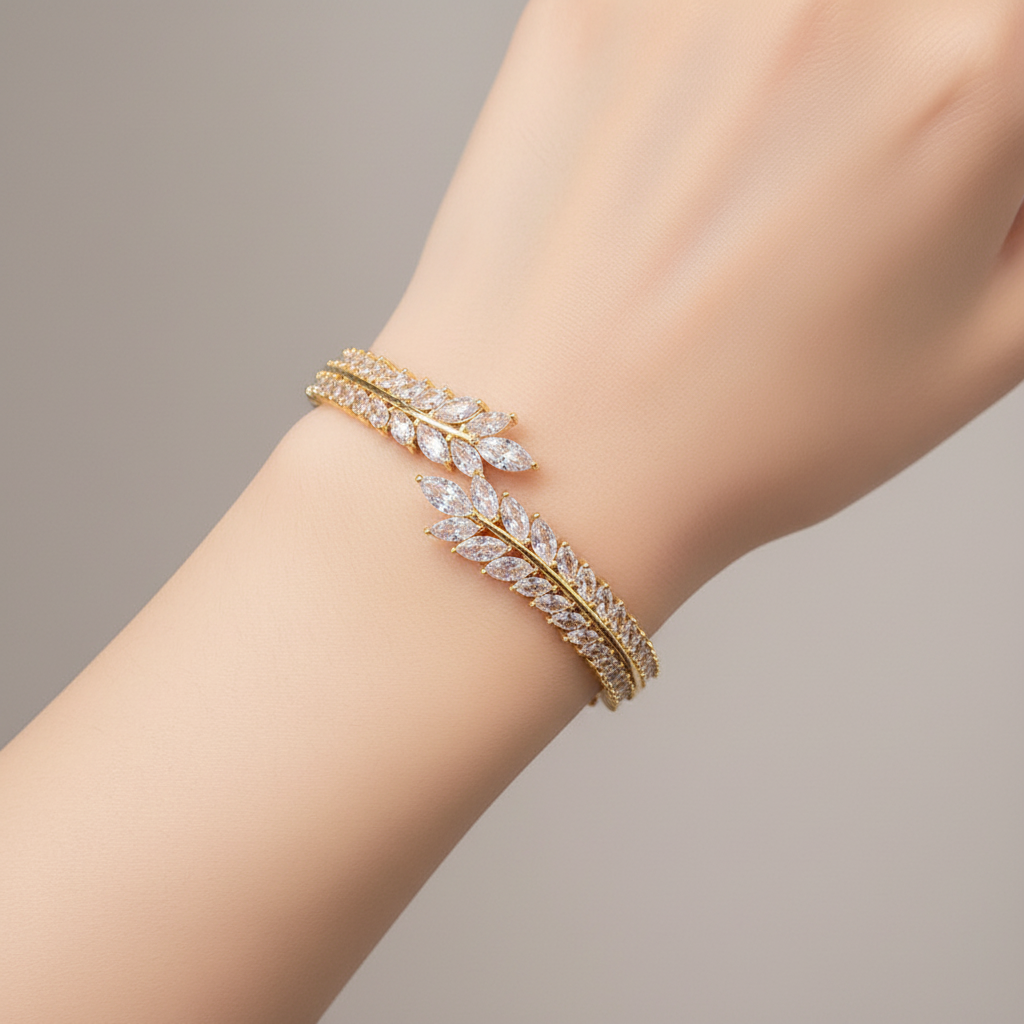 Wheat-motif bangle bracelet with crystal embellishments