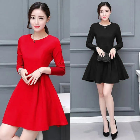 Women's Solid-Color Long-Sleeve Plus-Size Elegant Dress