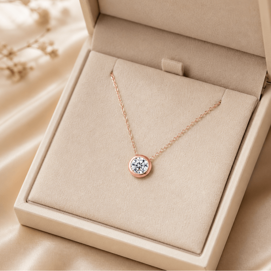 Bubble moissanite necklace presented in branded jewelry box