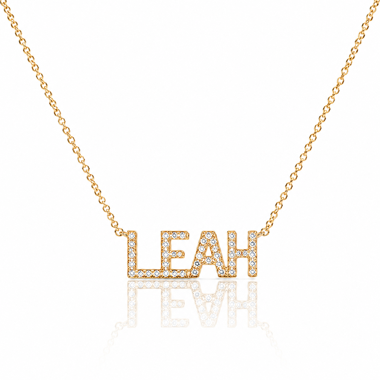 Gold necklace with 'LEAH' pendant on a white background Custom_Name_Necklace_925_Sterling_Silver_ARU_Collection