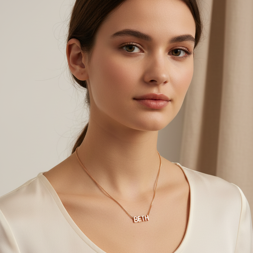 Personalized 925 sterling silver name necklace with zircon details. Adjustable 21cm to 50cm chain. Comes in a gift box. ARU Collection 

