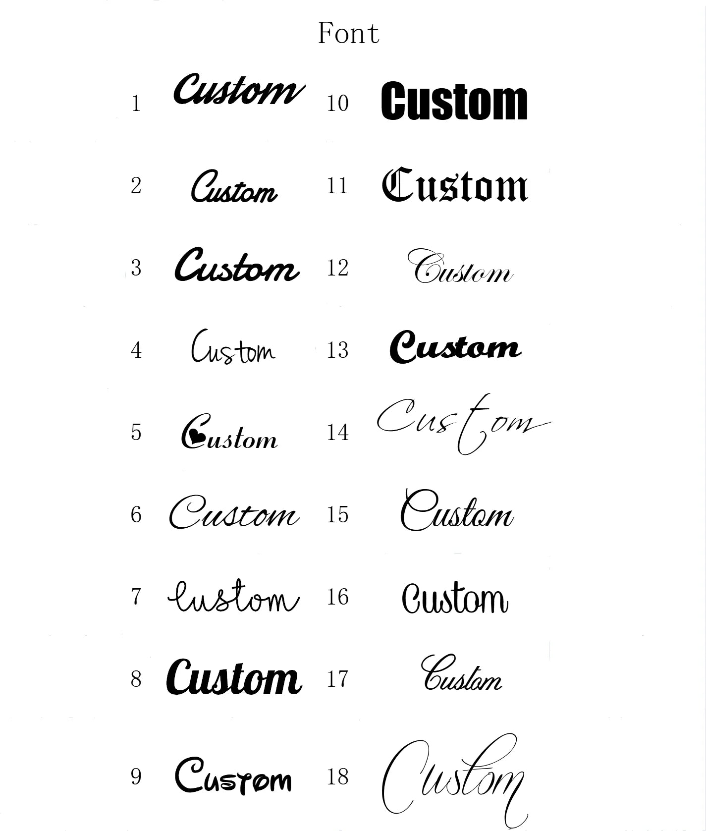 Personalized name necklace font and size reference chart