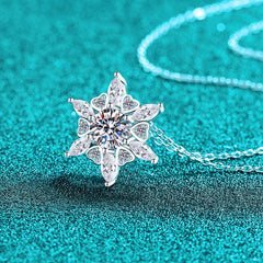 Silver snowflake-shaped pendant on a turquoise background Heart Hexagonal Pendant Necklace with Moissanite Sterling Silver Aru Collection 