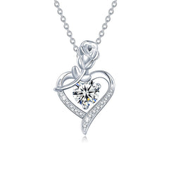 Silver necklace with a heart-shaped pendant featuring a rose and gemstone on a white background  Heart Rose Moissanite Pendant Necklace S925 Sterling Silver aru collection 1