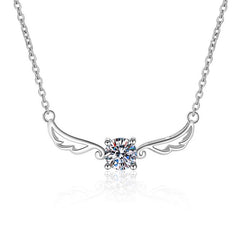 Silver necklace with angel wing design and central gemstone on a white background